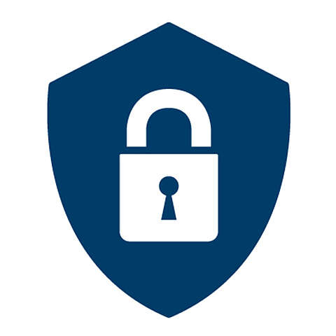 Print Security Ein weißes Vorhängeschloss-Symbol in der Mitte eines dunkelblauen Schildes, das Sicherheit oder Schutz symbolisiert.