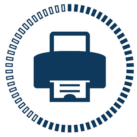 Managed Print Services (MPS) Ein blaues Druckersymbol mit einem herauskommenden Papier, umgeben von einem kreisförmigen Rahmen, der abwechselnd aus kleinen Quadraten und Rechtecken besteht.