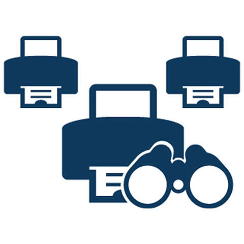 OptiPrint Symbol mit drei Druckern und einem Fernglas im Vordergrund, das auf die Suche nach mehreren Druckern oder deren Überwachung hinweist.